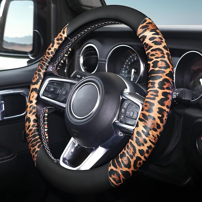 Cheetah Leather Steering Wheel Cover, Steering Wheel Protector, Anti-Slip, Breathable, Absorbing Sweat, Universal Leopard Car Accessories 14.5–15 inch,Black&Brown