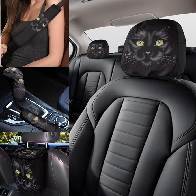 17Pcs Black Cat Car Seat Covers Full Set with Front and Split Rear Bench,Cool Cat Car Interior Accessories of 17 Pcs with Headrest Covers,Vehicle Trash Bag for Women Universal Fit Most Car