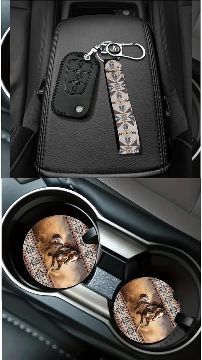 Dreaweet Native American Horse Seat Covers for Cars Full Set Southwestern Tribal Car Accessories Steering Wheel Cover Seat Belt Pads Coasters Trash Bag Air Vent Storage Bag Rearview Mirror Cover