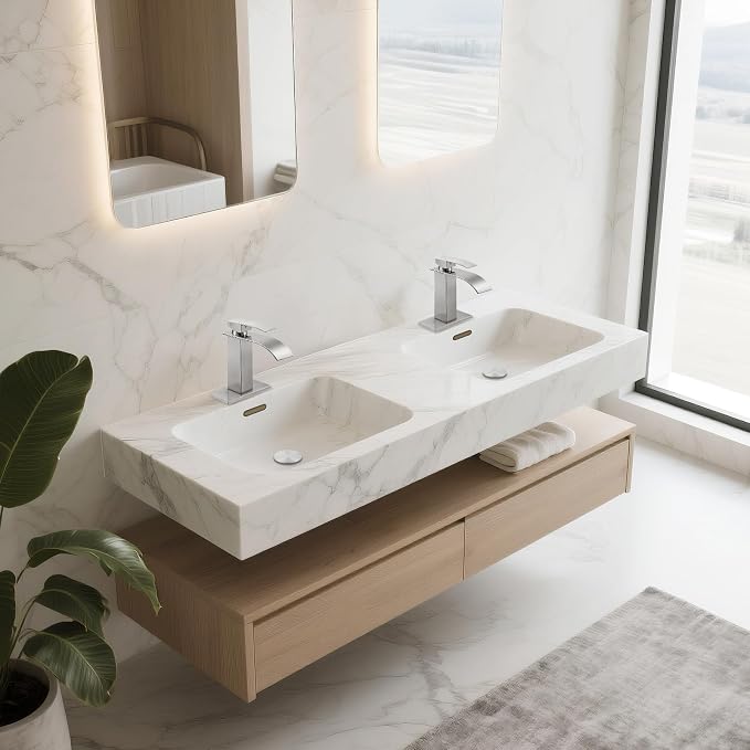 Brushed Nickel Bathroom Faucets *2, Waterfall Bathroom Sink Faucet Modern Single Handle Bathroom Faucte 1 or 3 Hole, RV Mixer Tap Vanity Faucet - Includes Pop-up Drain