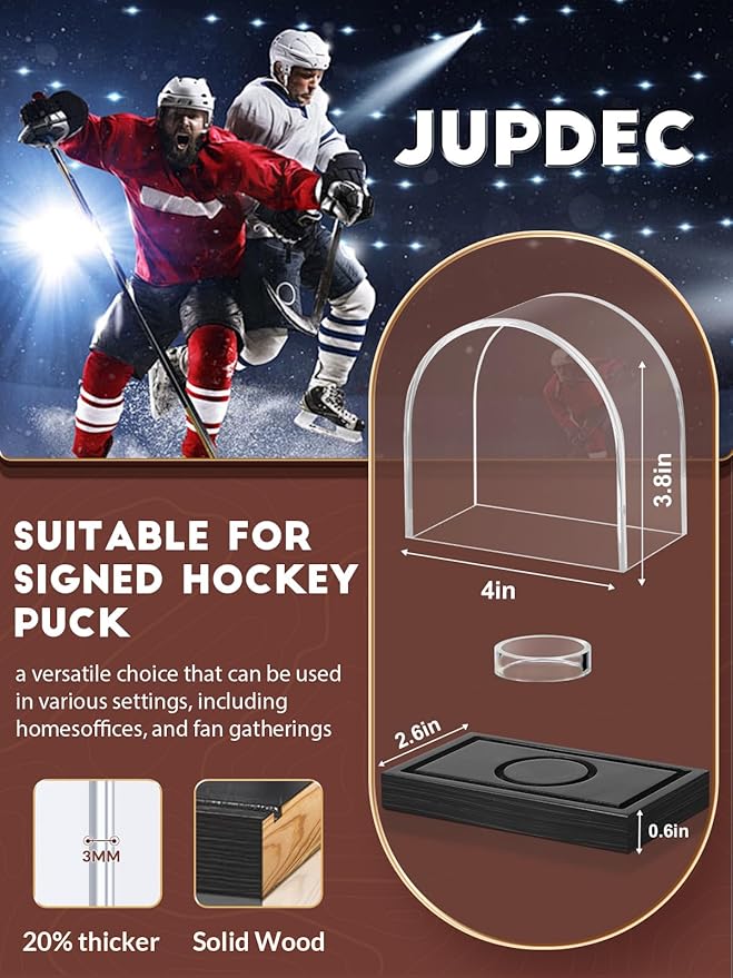 JupDec Hockey Puck and Collectibles Display Case, Premium Acrylic Clear Box Puck Holder with Mahogany Wood Base, Showcase for Autographed Souvenir Memorabilia, Collectible Figure Stand, Black