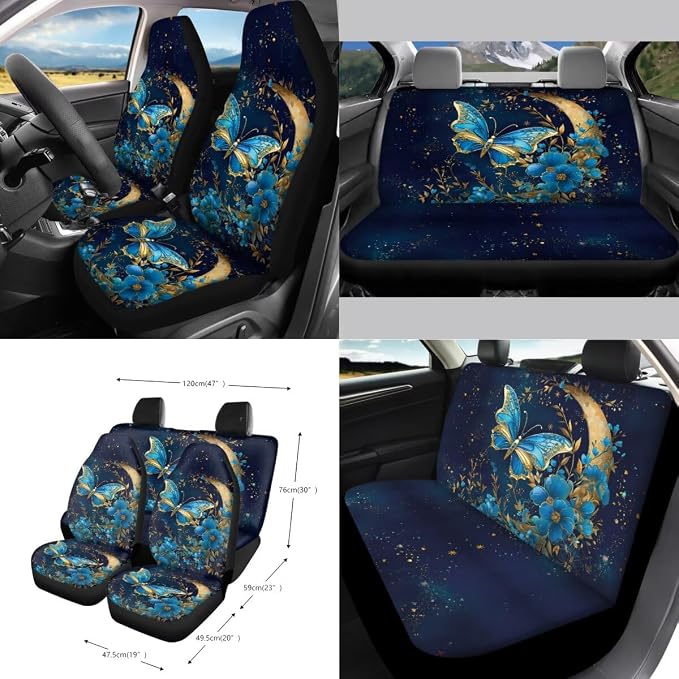 Moon Butterfly Floral Print Car Seat Cover Set Steering Wheel Cover Seatbelt Strap Pad Cup Coasters Air Vent Storage Holder Garbage Cans Rearview Mirror Covers Key Chain, 15 Pack