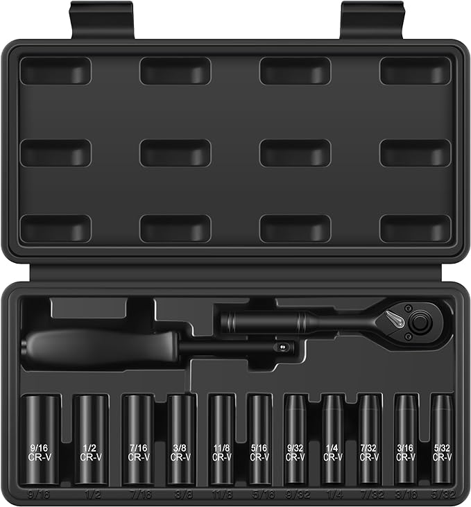 Reniteco 13-Piece 1/4" Drive Socket Set, SAE (3/16"- 11/32"), Deep Sockets, 72-Tooth Ratchet Wrench, Drive Spinner Handle, 6 Point Design, Cr-V