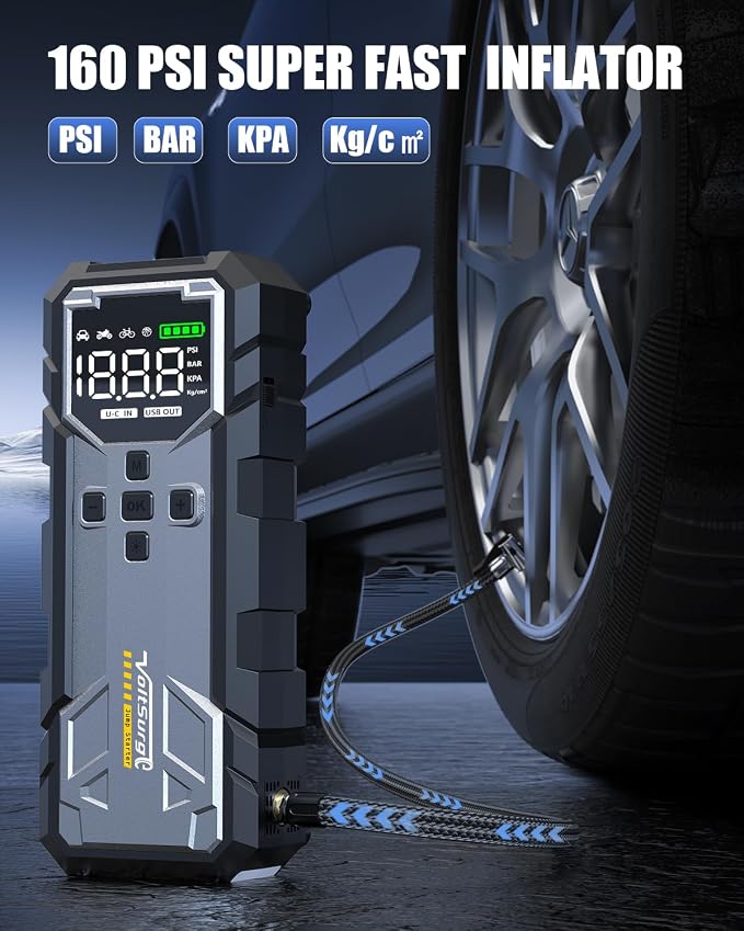 8000A Jump Starter with Air Compressor, 12V Jump Box for Car Battery (All Gas/10.0L Diesel) Portable Jumper Starter Pack with 150PSI Auto Tire Inflator, LCD Display, Lights & Booster Cable