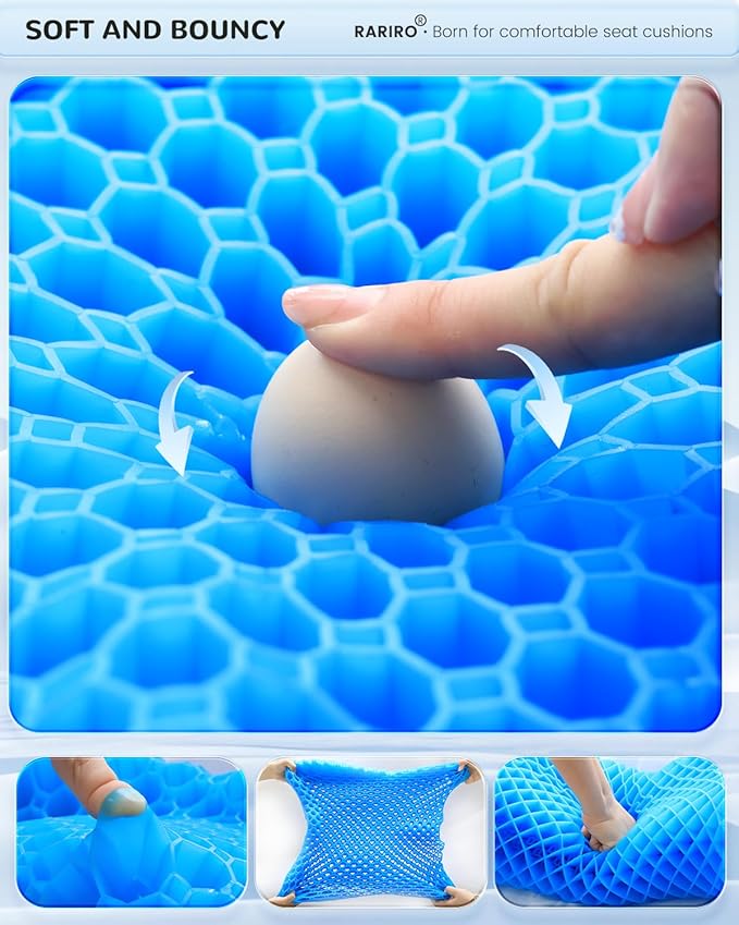 Enlarged 19.7" Gel Seat Cushion, Egg Gel Chair Pads for Wheelchair Pressure Coccyx Sciatica Pain Relief, Cooling Desk Seat Cushion for Kayak, Car, Office Chair Long Sitting[Blue]