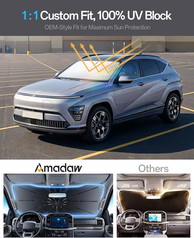 Windshield Sun Shade for Hyundai Kona/Ioniq 5 2018–2026, Foldable Umbrella Sunshade with 100% UV Block, Multi-Layer Heat Insulation, Reinforced 10-Rib Frame, Keeps Car Cooler