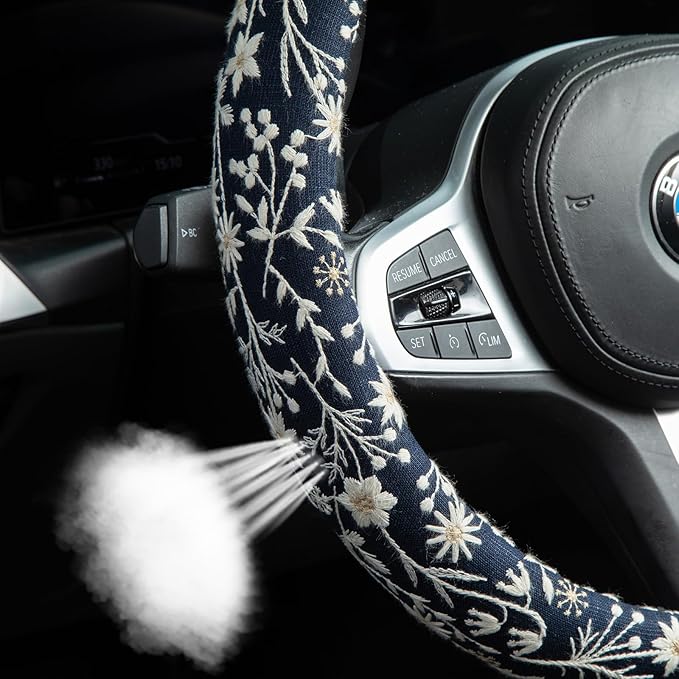 Brown Japanese Style Flower Steering Wheel Cover Auto Embroidery Steering Wheel Protector, Anti-Slip, Breathable, Absorbing Sweat, Universal Car Accessories 14.5–15 inch,Fit for Most Car, Trucks, SUV