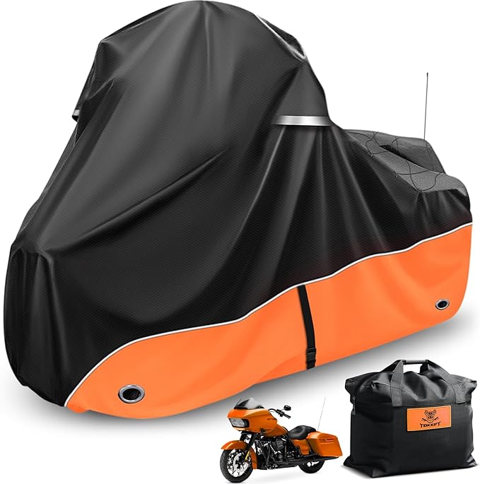 Motorcycle Cover 420D Waterproof for Touring Models Harley Davidson Road King Road Glide Electra Glide Low Rider-ST, Indoor & Outdoor All Weather Protection Orange