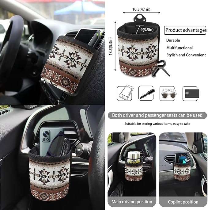 Wanyint Aztec Southwest Brown 15 PCS Car Seat Covers Set for Men Women, with Steering Wheel Cover Seat Belt Pads Trash Bin Sunglass Pocket Rear View Mirror Protector Coasters Key Chain