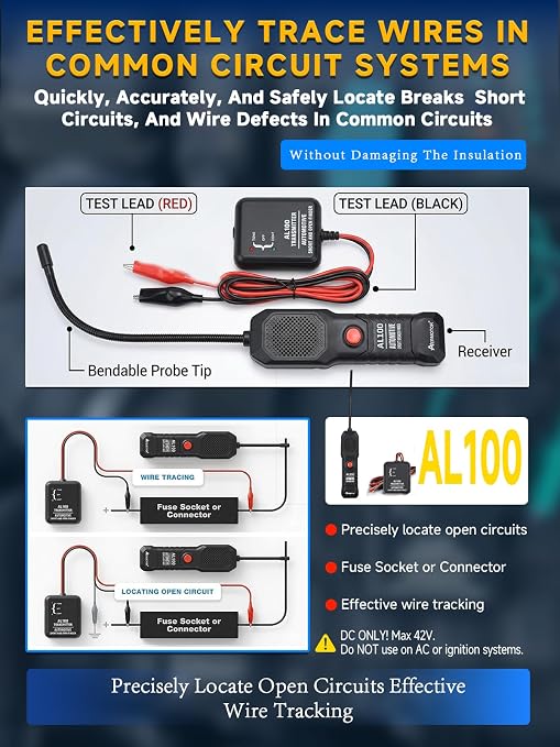 AL100 Wire Tracer Electrical Automotive Short and Open Finder Automotive Circuit Tester Break Finder Fault Probe Wire Detector Tool Electrical DC 6-42V for DIY,Home Use,Mechanic