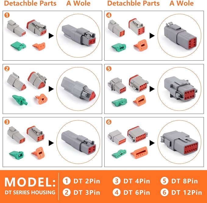 Newdeli Deutsch Connector Kit 188Pcs 12 Sets 2 3 4 6 8 12 Pin Connectors with Size 16 Stamped Contacts 14-20AWG DT Series Sealed Waterproof Automotive Electrical Wire Connectors