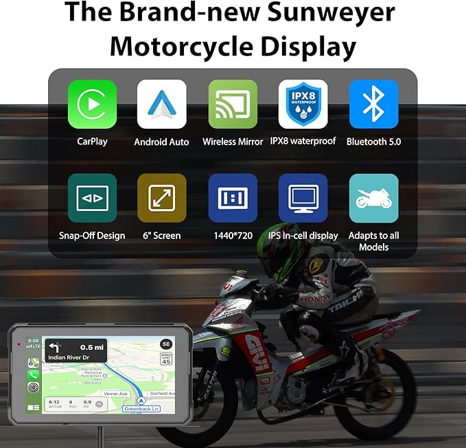 Sunweyer 5" Portable Motorcycle Touchscreen with Wireless CarPlay & Android Auto, TPMS, Wireless GPS Navigation, Dual Bluetooth, IP68 Waterproof, Easy Installation (W16)