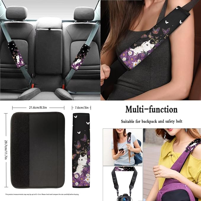 Cat Daisy Butterfly Print Auto Seat Covers Full Set, Car Accessories Set of 13, 1 Piece Steering Wheel Cover,4 Pieces Seat Belt Cover, 4 Pieces Cup Holder Coasters for Women Men