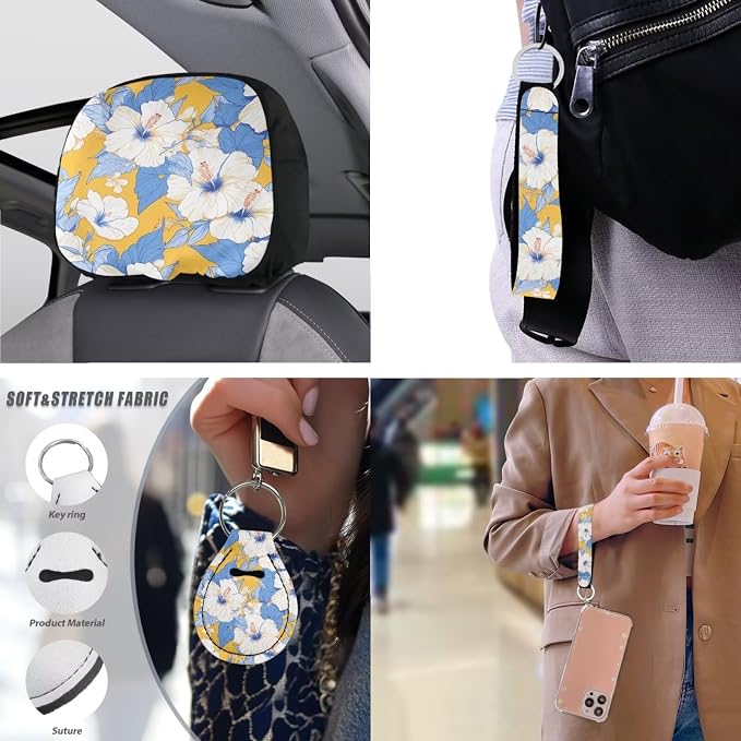 Hawaii Hibiscus Flower 13 PCS Car Seat Covers, Island Style Flowers Auto Accessories Steering Wheel Cover, Tropical Botanical Vehicle Front Rear Seat Covers Keyring