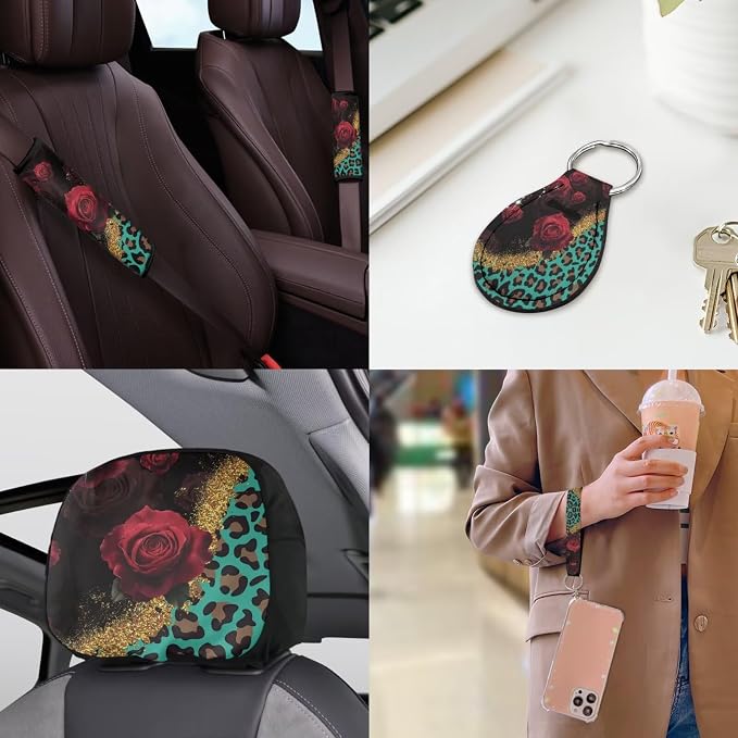 Rose Leopard Print Car Seat Covers Full Set 18 Pcs Universal Car Interior Accessories Set with Leopard Print Car Headrest Covers Seat Belt Pads Cover Funda Para Volante De Carro Universal Fit