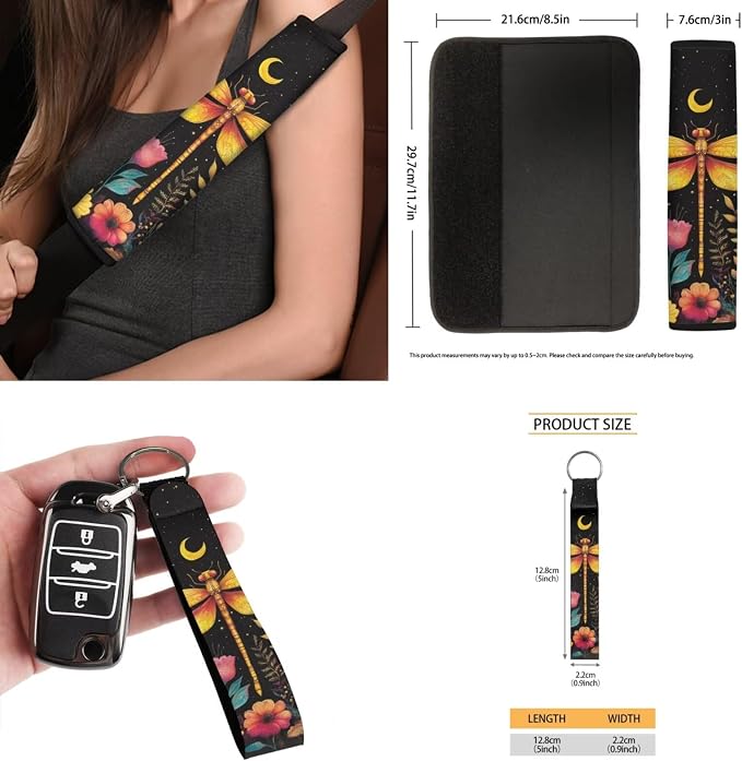 Moon Floral Dragonfly 15Pcs Car Seat Cover Full Set Car Steering Wheel Cover Seat Belt Cover Trash Bin Front Rear View Mirror Car Cup Holder Keychain