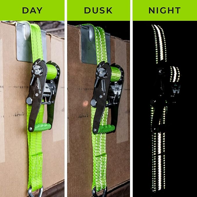 VULCAN Ratchet Strap with Wire Hooks - 2 Inch x 15 Foot - 4 Pack - High-Viz - 3,300 Pound Safe Working Load