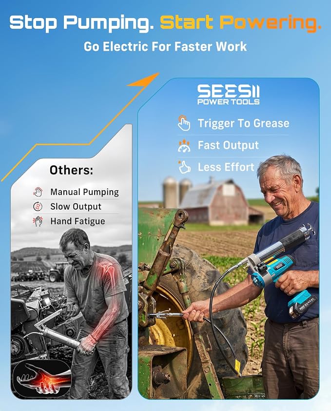 Seesii Electric Grease Gun, 5.8 oz/min Fast Flow Cordless Grease Gun with Auto Lock-On Trigger, 48" Hose, Standard & Quick Release Couplers, Needle Dispenser, Pointed Tip for Tractor & Heavy Equipment | Battery Powered, Auto Faster Greasing, Multi-Coup...