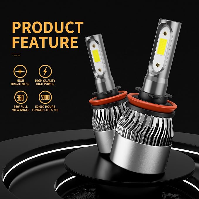 𝖧𝟪 𝖧𝟫 𝖧𝟣𝟣 Bulb 6500K Cool White 60000LM 900% Brighter, 1:1 Beam Plug and Play IP68 Waterproof Off-Road Lights, Pack of 2