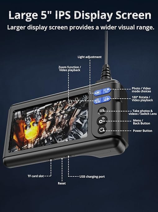 Acoath Borescope, Endoscope Camera with Light, Dual-Lens 1080P Industrial Inspection Camera, 5" IPS Screen, 32GB Card, IP67 Waterproof Sewer Tools - 9.8FT
