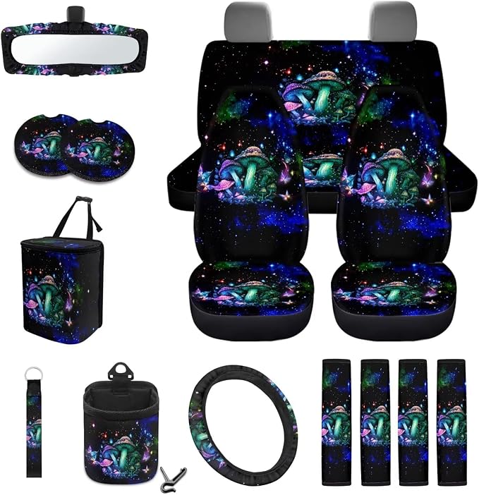 Mushroom Butterfly Galaxy Print Auto Interior Sets of 15, Front Rear Car Seat Covers Steering Wheel Cover Trash Can Seat Belt Pad Mirror Cover Keychain Air Vent Storage Bag Coasters