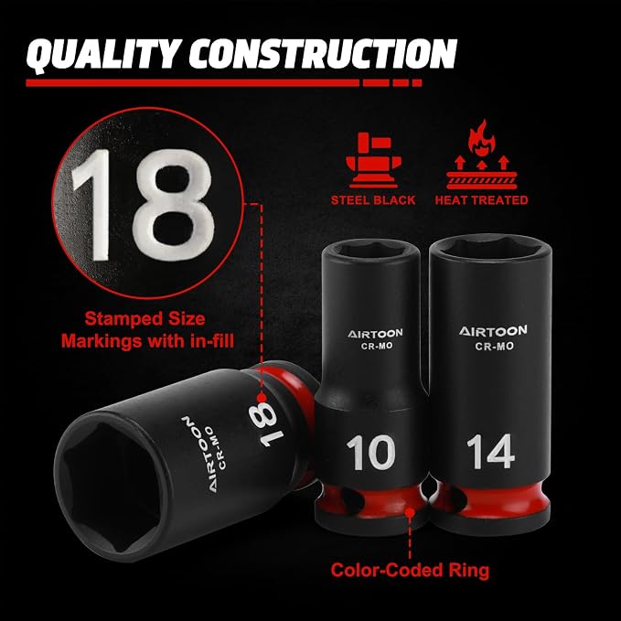 3/8 in. Drive Semi-Deep Impact Sockets Set, Mid-Length Socket Set, Metric, 8 to 22 mm, 14-Piece, CR-MO, Stamped and Ink Filled Size Marking