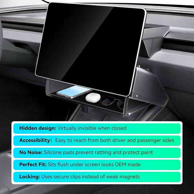 Tesla Model Y Juniper 2025 2026 & Model 3 Highland 2024-2026 Under Screen Storage Box Center Console Organizer for Model Y Juniper/Model 3 Highland Magnetic Storage Box Hidden Privacy Storage