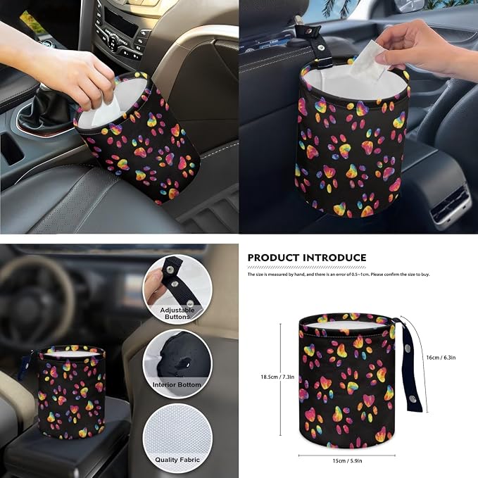 Colorful Dog Paw Car Seat Cover Set for Women, Car Steering Wheel Cover Seat Belt Pads Trash Bin Rearview Mirror Cover Cup Holder Wrist Key Chain, 15 PCS