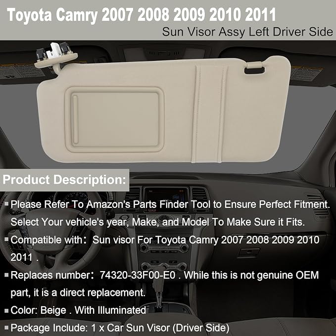 NHILES Left Driver Side Sun Visor Fits for Toyota Camry 2007 2008 2009 2010 2011 Replacement Sun Shade with Light # 74320-33F00-E0 (Beige)