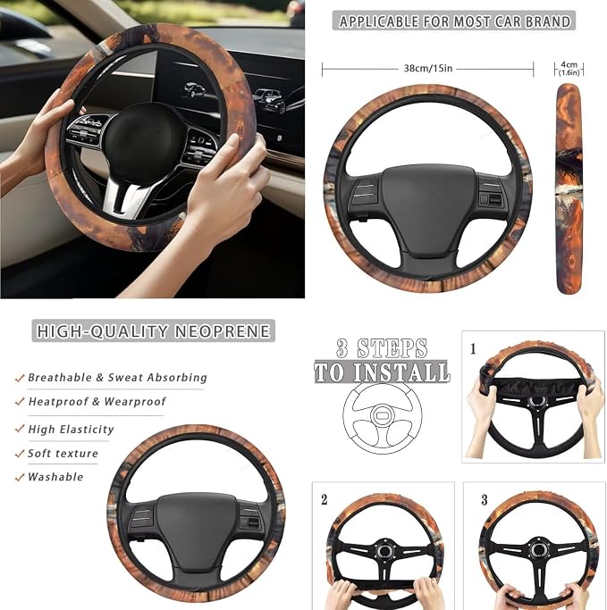 15 Pcs Car Seat Covers Full Set for Women Horse Car Accessories Interior Car Steering Wheel Cover Seatbelt Covers Trash Bin Rear View Mirror Cover Cup Holders Keychain