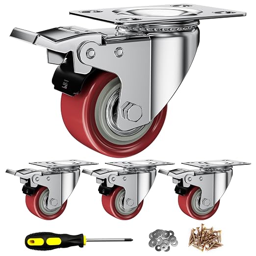 2 Inch Caster Wheels, Casters Set of 4, ASHGOOB Red Polyurethane (PU) Casters with Brake Heavy Duty, Industrial Locking Swivel Top Plate Castor Wheels for Workbench/Furniture/Cart