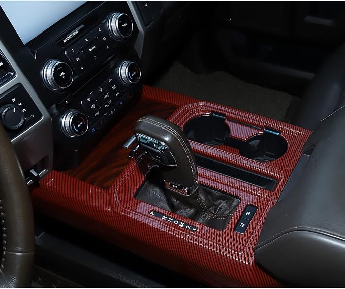 JeCar Center Console Gear Shift Cup Holder Panel Cover Trim Decoration Frame for 2015-2020 Ford F150 (Red Carbon Fiber)