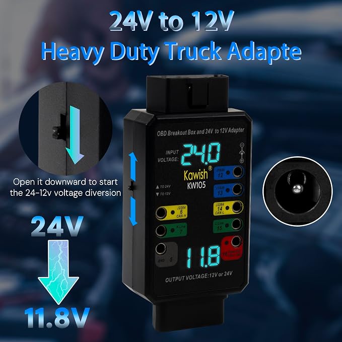 OBD2 Breakout Box, Auto OBDII Protocol Detector 16-Pin CAN Bus Test Breakout Box, 24V to 12V Heavy Duty Truck Adapter for Car ECU Tool Maintenance/Diagnosis/Programming/Coding