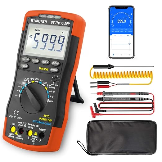 BTMETER Digital Multimeter, Handheld TRMS 6000 Multi Meter Auto Range Voltmeter Ammeter Measure AC DC Volt Amp Ohm Continuity Capacitance Frequency Diode hFE Transistor Temp 770HC-APP
