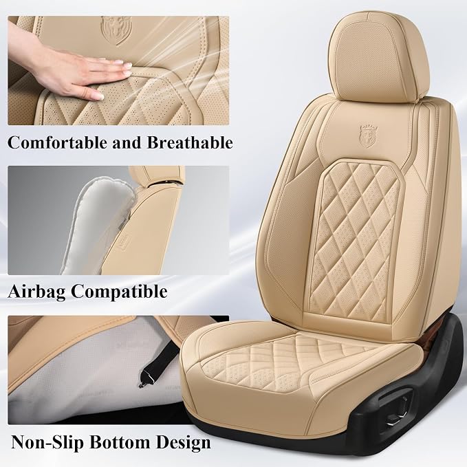 Coverado Car Seat Covers Full Set, 5 Seat Universal Seat Covers for Cars, Luxury Faux Leather Waterproof Seat Cover, Front and Back Car Seat Protector, Auto Seat Cover Fit for Most Vehicles, Beige