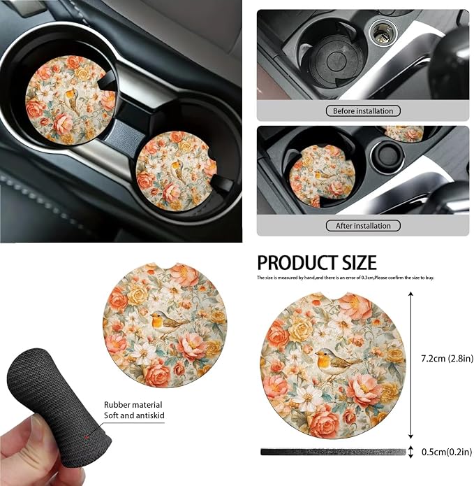 Robin Bird Peony Flower Pattern 15 Pieces Car Accessories with Car Seat Cover Steering Wheel Cushion Seat Belt Pad Keychain Cup Coasters Air Vent Bag Trash Can and Mirror Cover