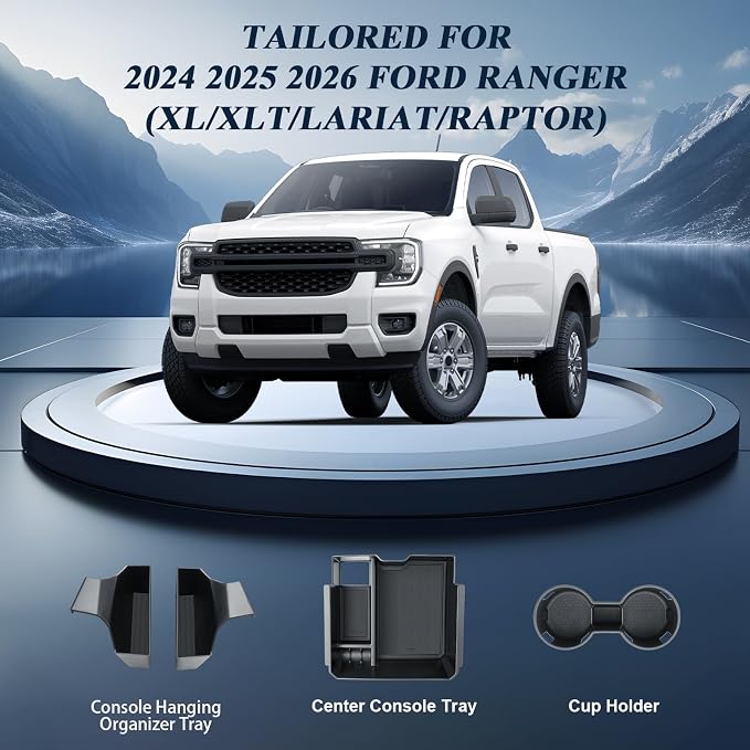 BIBIBO 4Pack for 2025 2026 Ford Ranger Center Console Organizer 2024 2025 2026 Ford Ranger (XL/XLT/Lariat/Raptor) Console Hanging Organizer Tray+Cup Holder+Central Armrest Storage Box
