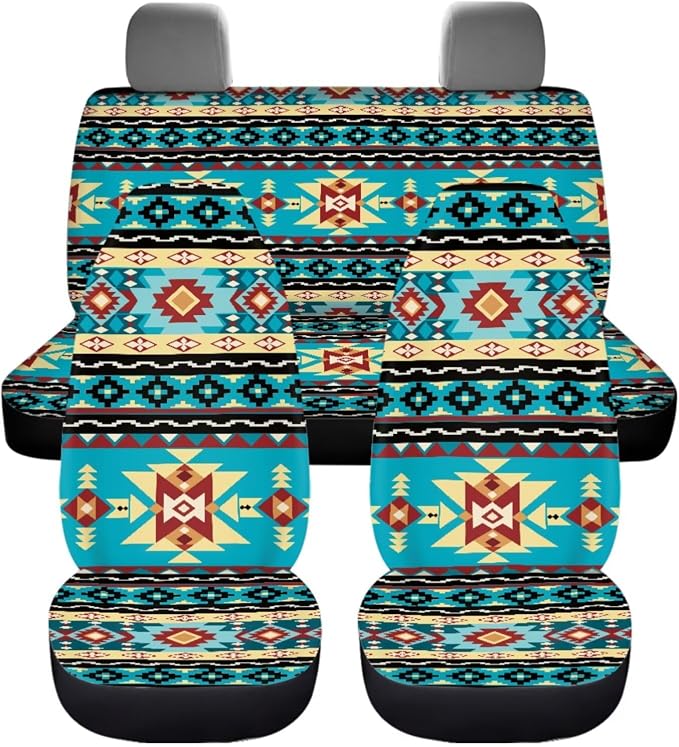 Dreaweet Navajo Seat Covers for Cars Full Set Native American Tribal Geometric Turquoise Seat Cover with Steering Wheel Cover/Center Console Cover/Seatbelt Covers/Coasters/Gear Shift Cover,12 Pcs