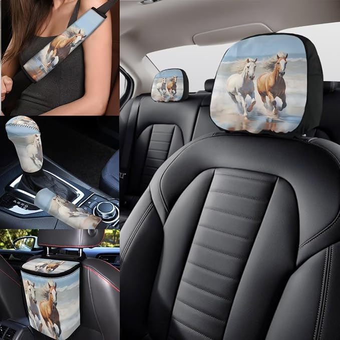 Horse Car Seat Covers Full Set for Women Man,Universal Car Accessories with Back Seat Trash Can Headrest Covers Seat Belt Cover Pad,Elastic Steering Wheel Cover Fit Most Car Truck SUV Van