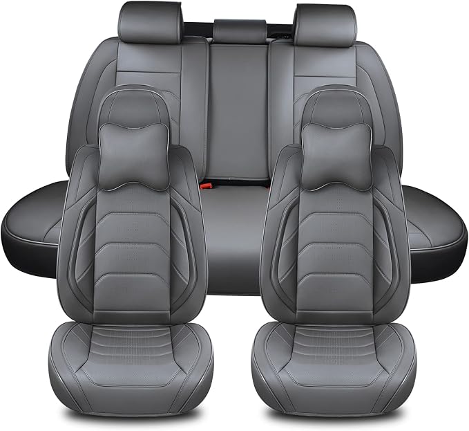 TIEHESYT Gray Car Seat Covers Full Set, Breathable Leather Automotive Front and Rear Seat Covers & Headrest for Reduce The Driving Fatigue, Compatible with Most Vehicles, Cars