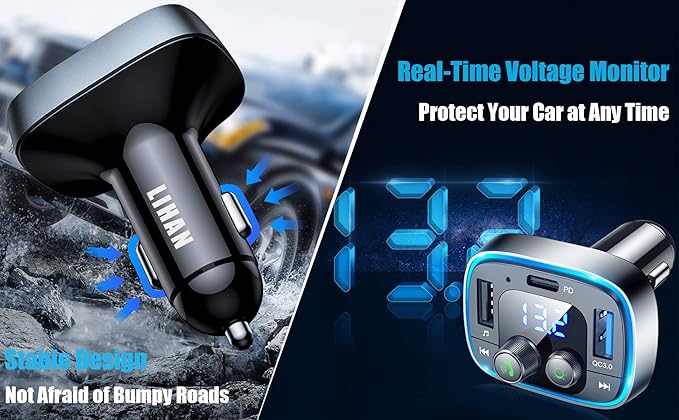 LIHAN USB C Bluetooth 5.4 Car Adapter, Wireless Upgrade Audio System for Non-Bluetooth Vehicles, FM Radio Transmitter, 48W Fast Charging, Stable Hands-Free Calling, MP3 Music Player, Support USB/TF