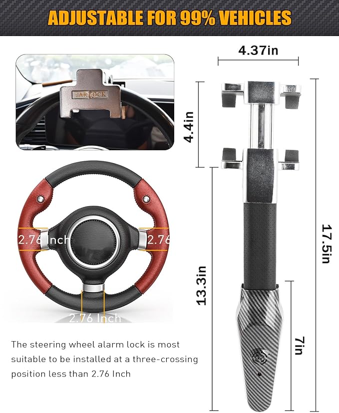 Steering Wheel Lock with Alarm,Steering Lock,Heavy Duty Car Anti-Theft Device Security Device Car Lock Universal Fit for Vehicle Truck Van SUV Car Security with 2 Keys