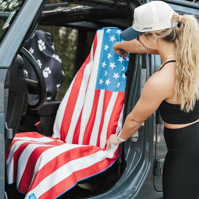 Sprints Athletic Running Towel, Full-Sized, Car Seat Cover - Performance Microfiber (American Flag w/Snaps)