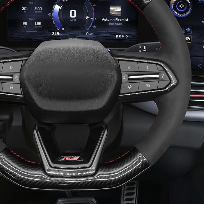 MEWANT Hand Stitch Black Suede Carbon Fiber Steering Wheel Cover for Chevy Equinox RS 2025 Silverado EV RST 2024-2025
