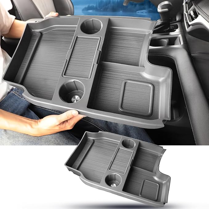 Compatible with 2026 Toyota Sienna Center Console Organizer with Cup Holder, Lower Storage Box Accessories (TPE Material with Original car Wood Grain (Compatible with 2021-2026 Toyota Sienna), Gray)