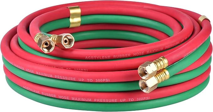 Oxygen Acetylene Hose Twin Welding Hose 1/4" × 25FT - 300 PSI Red & Green Torch Hose with 9/16"-18 B Fittings Grade R for Gas Welding Cutting & Brazing