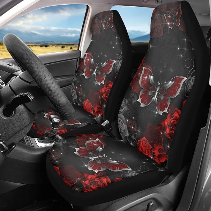 Howilath Red & Sliver Butterfly Rose Universal Car Seat Covers/Steering Wheel Cover/Coasters/Seatbelt Pads/Keychain/Armrest Cushion, Auto Accessories 10pcs