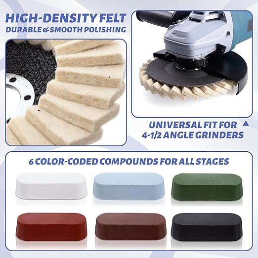 24 Pcs Wool Polishing Wheel Disc and Polishing Compounds Set Includes 18 Buffing Wheels (4-1/2" x 7/8") 6 Buffing Compound Felt Flap Disc for Angle Grinder Aluminum Wood Automotive