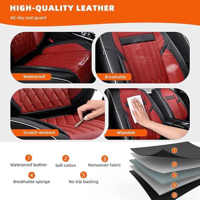5-Seater Waterproof and Breathable Nappa Leather Car Seat Covers Full Set, Fit for Front and Rear Seats of Cars, Compatible with Airbags, Car Seat Protector Covers for Most Cars - Black Red