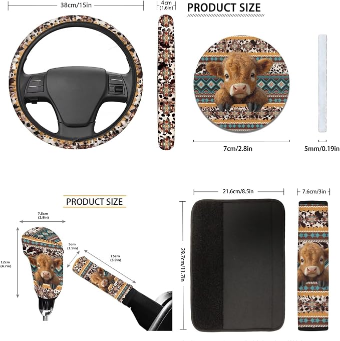 Tupalatus 9 Pcs Aztec Cow Cute Car Seat Covers with Steering Wheel Cover Auto Seat Belt Cover Coasters Gear Shift Cover Hand Brake Cover Car Accessories Set for Men Women